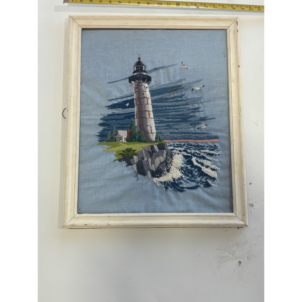 Vintage Lighthouse Crewel Needlepoint Framed Art Coastal Nautical Wall Decor